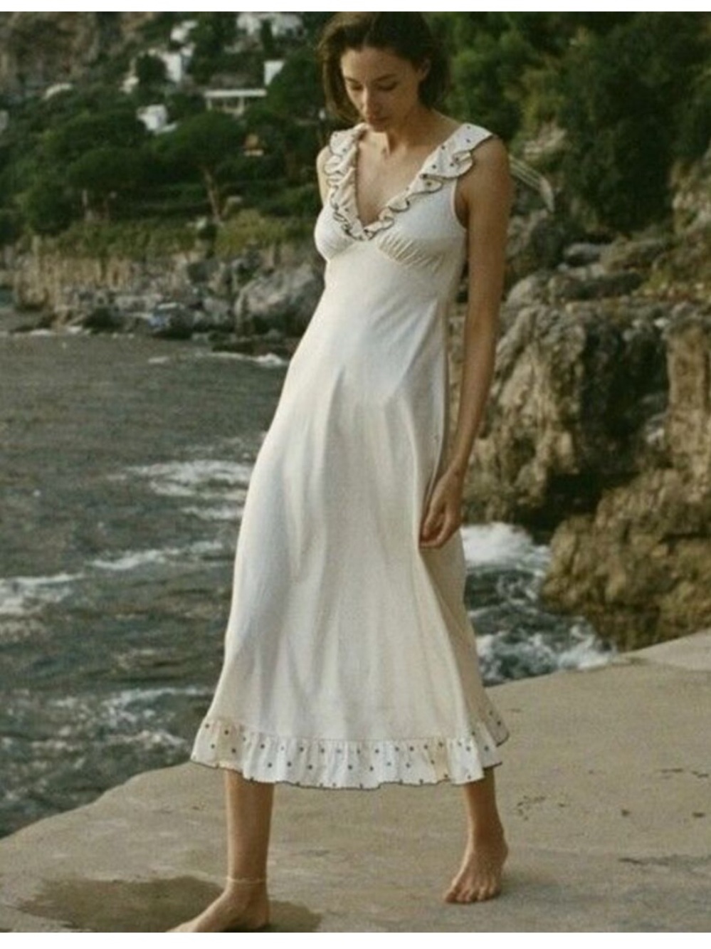 NWT Caroline Constas Ivory Maxi Dress w/ Black Floral Embroidery Size L, Bridal